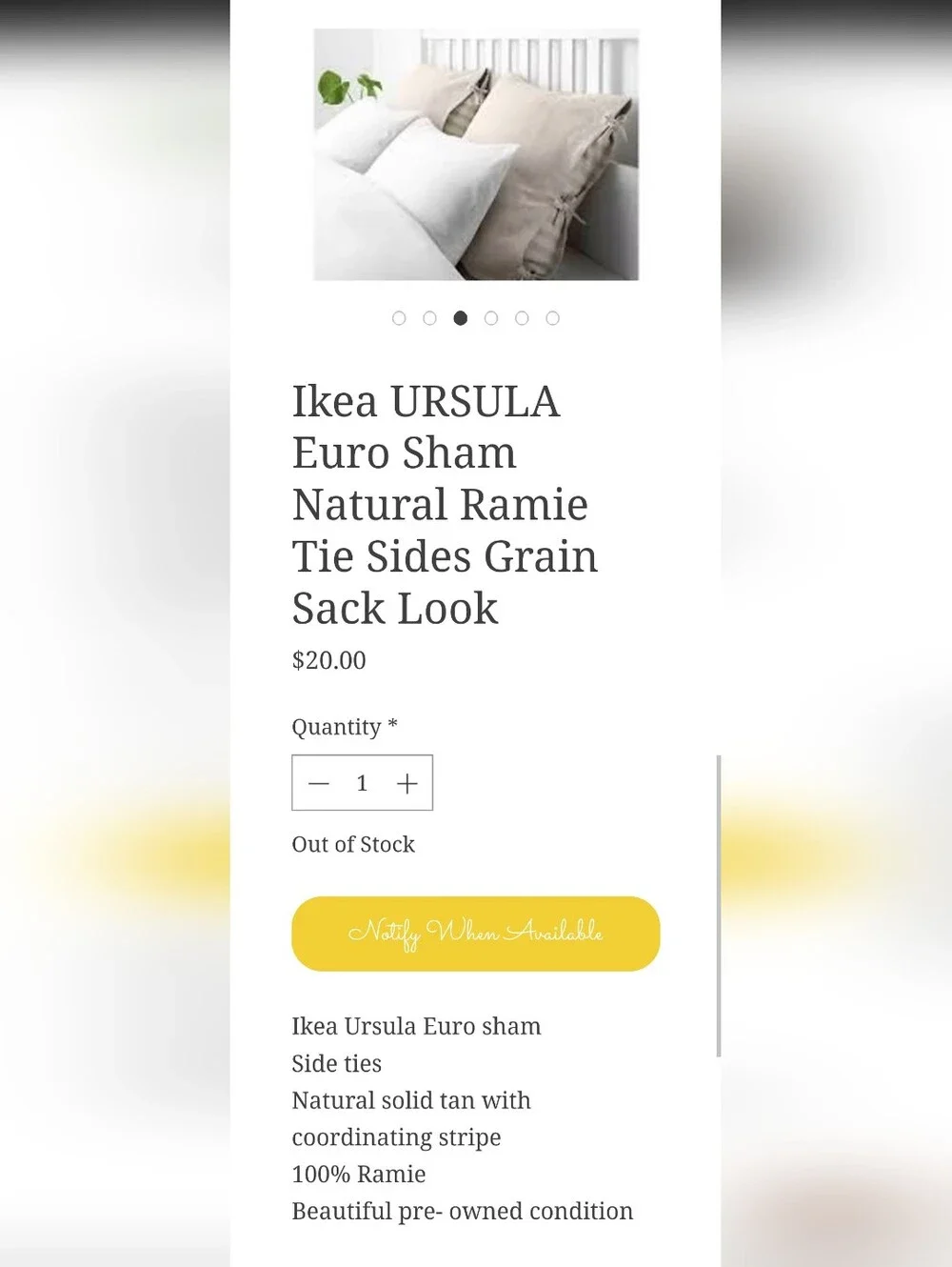 IKEA URSULA Natural Ramie Euro Sham in Light Natural